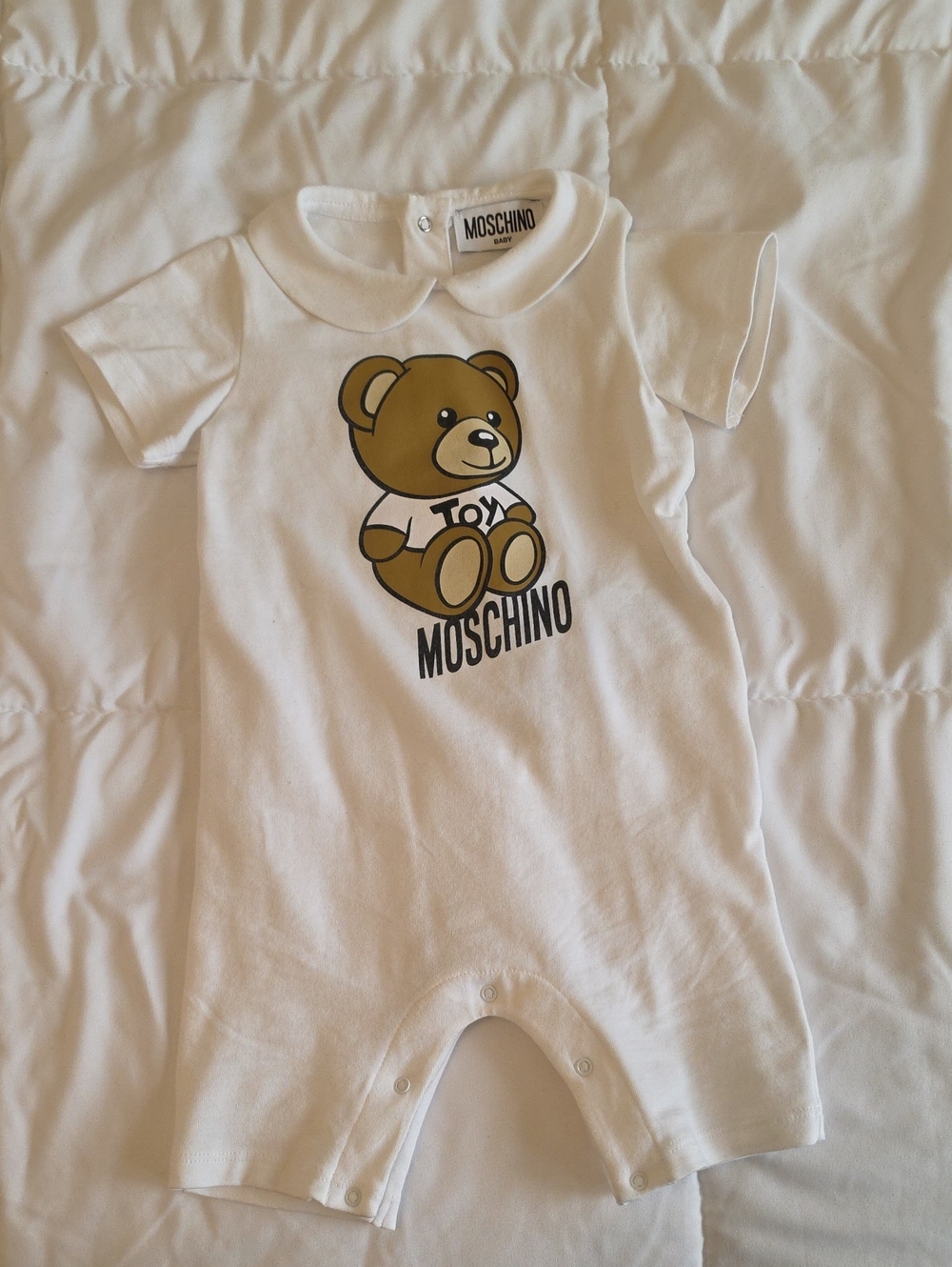 Moschino White Baby Romper with Brown Teddy Graphic